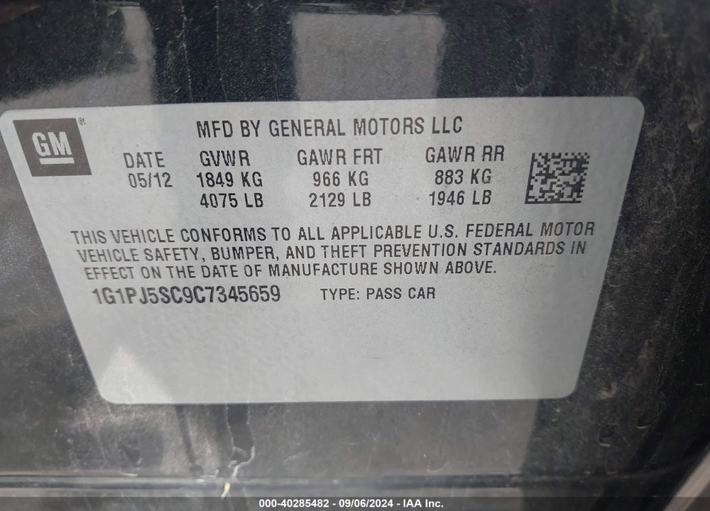 2012 CHEVROLET CRUZE ECO VIN: 1G1PJ5SC9C7345659