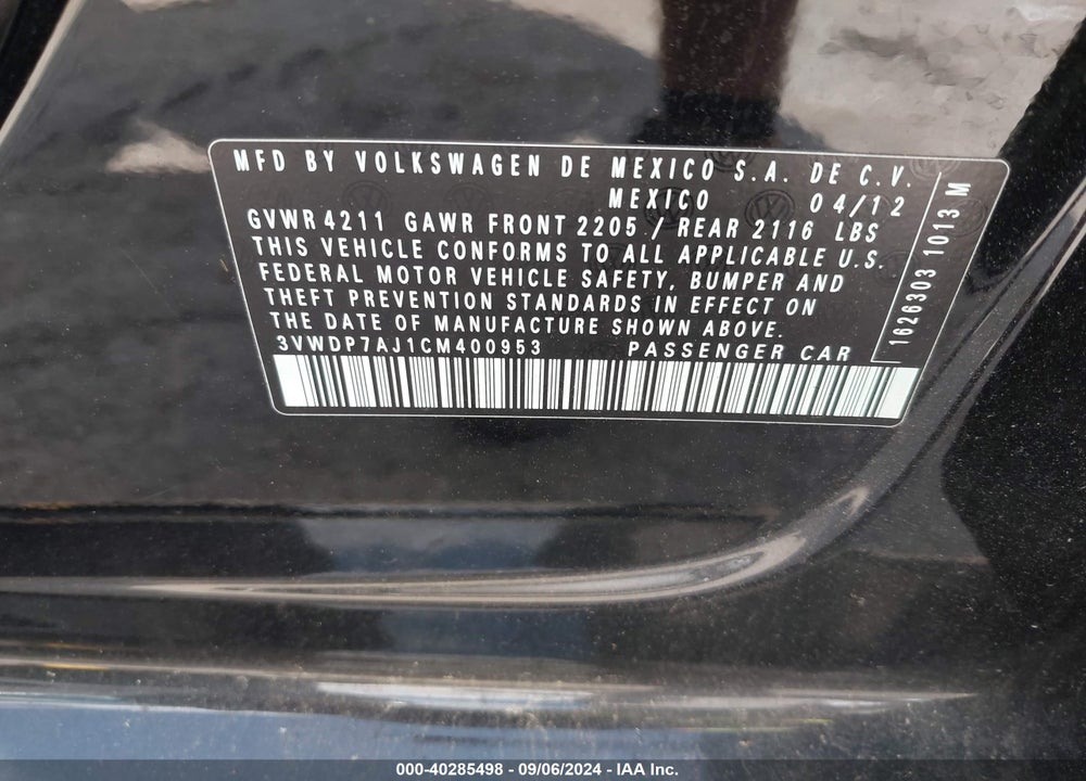 2012 VOLKSWAGEN JETTA VIN: 3VWDP7AJ1CM400953