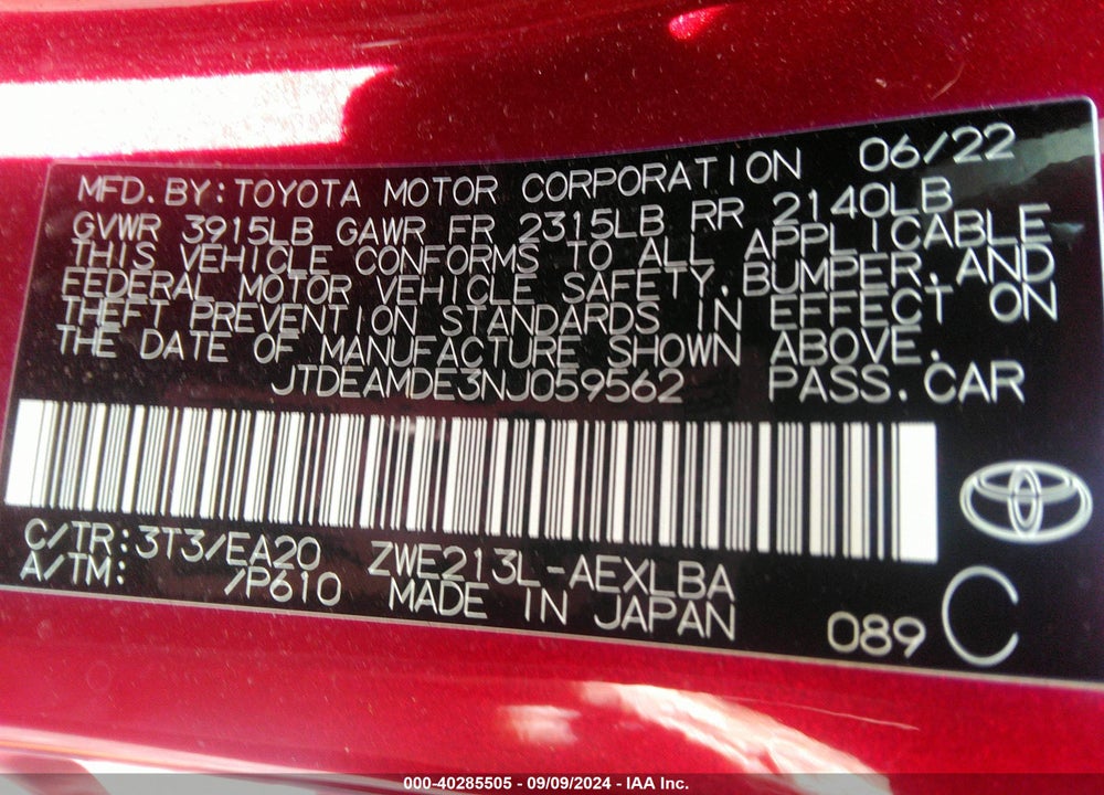 2022 TOYOTA COROLLA HYBRID LE VIN: JTDEAMDE3NJ059562