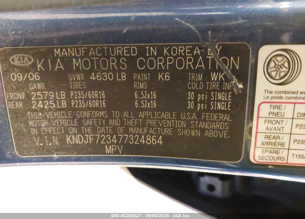 2007 KIA SPORTAGE LX V6 VIN: KNDJF723477324864