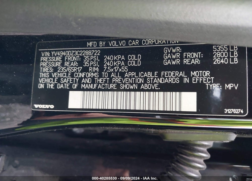 2012 VOLVO XC60 3.2 VIN: YV4940DZ3C2288722