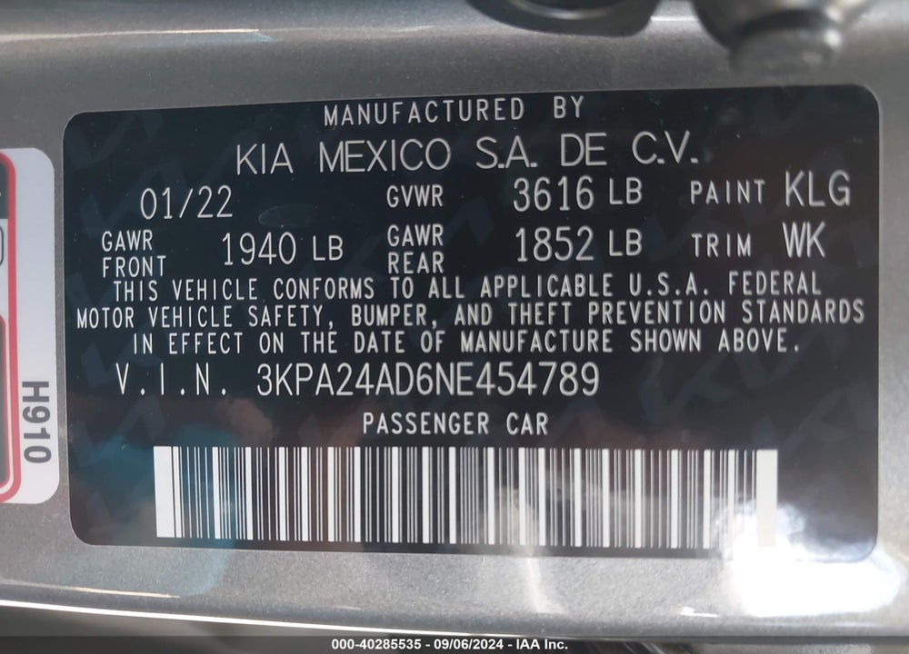 2022 KIA RIO S VIN: 3KPA24AD6NE454789