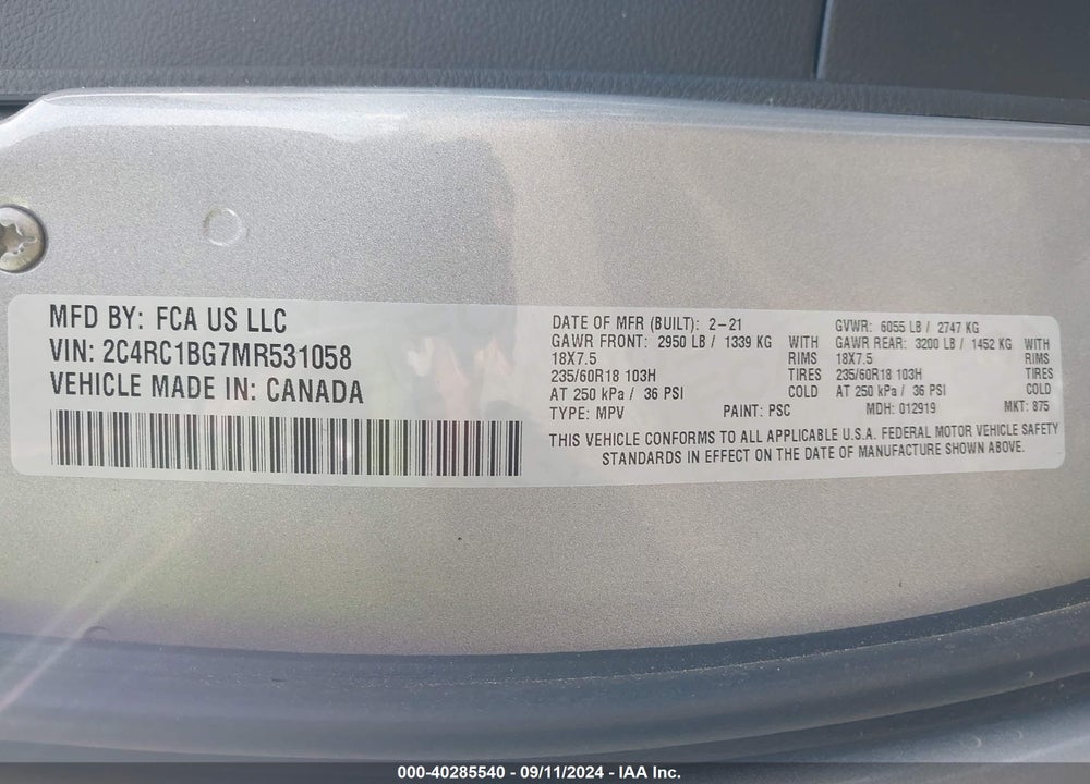 2021 CHRYSLER PACIFICA TOURING L VIN: 2C4RC1BG7MR531058