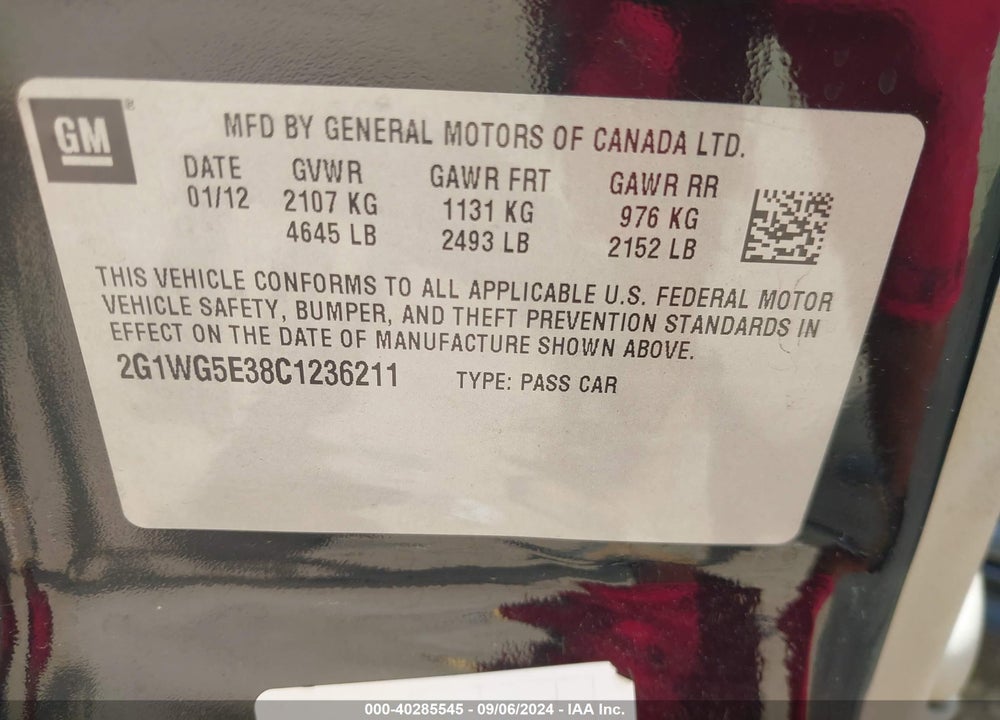 2012 CHEVROLET IMPALA LT VIN: 2G1WG5E38C1236211