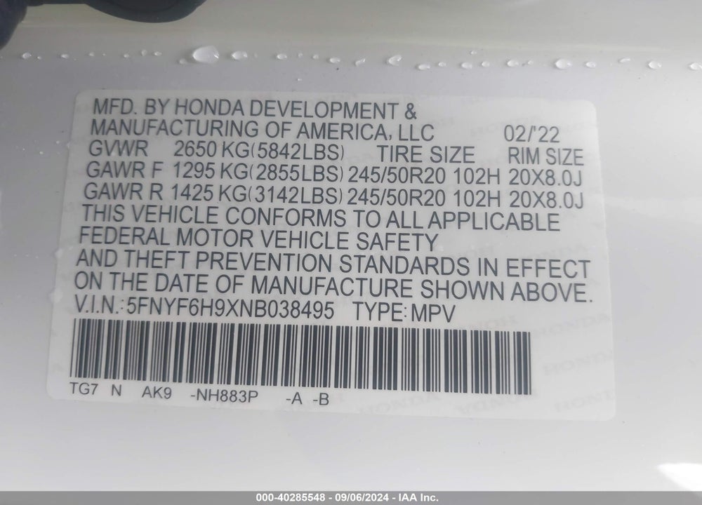 2022 HONDA PILOT AWD TOURING 8 PASSENGER VIN: 5FNYF6H9XNB038495