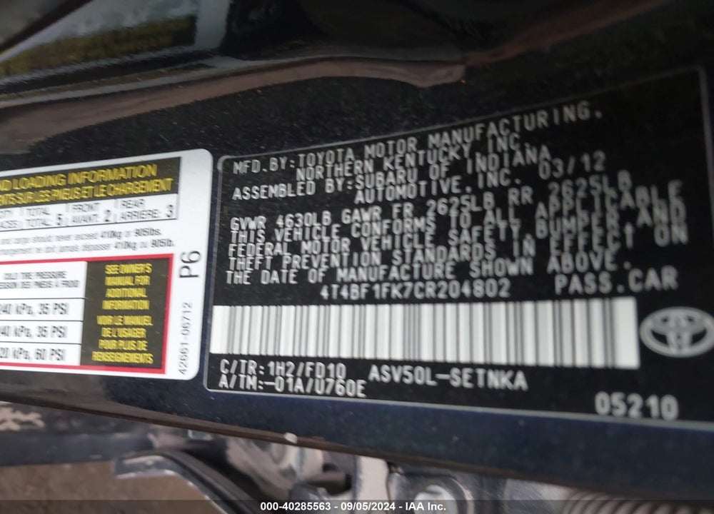 2012 TOYOTA CAMRY LE VIN: 4T4BF1FK7CR204802