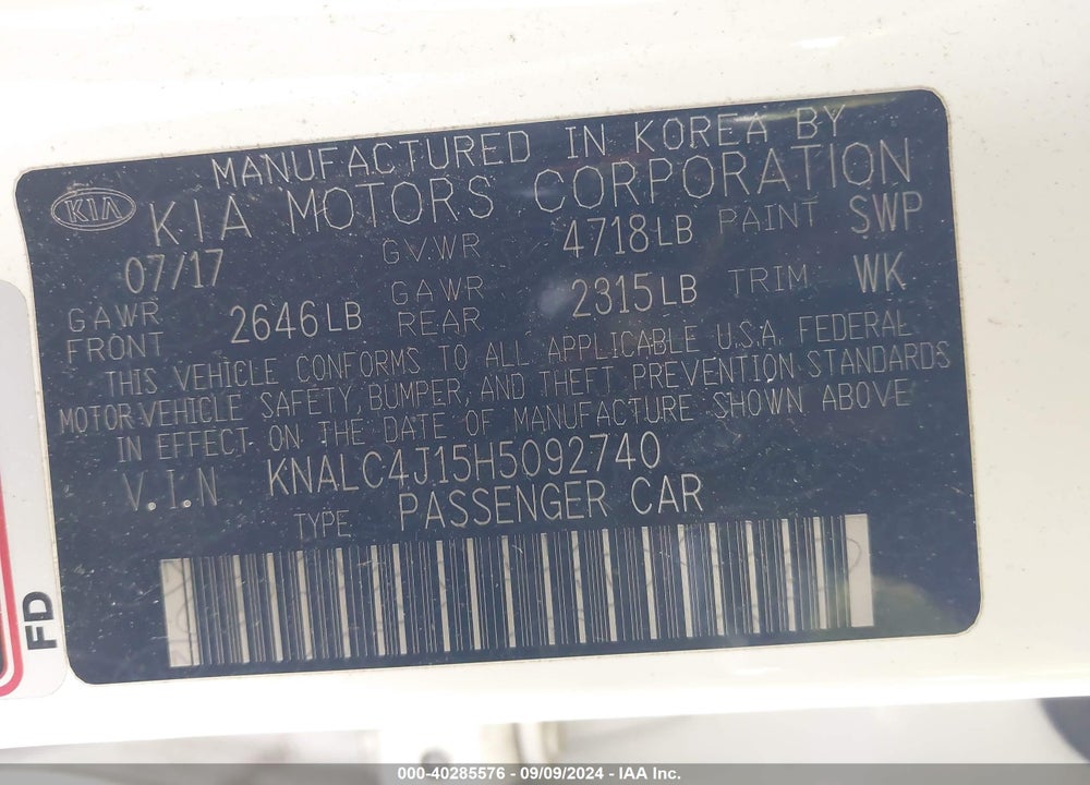 2017 KIA CADENZA PREMIUM VIN: KNALC4J15H5092740