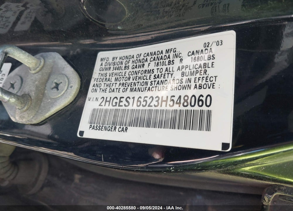 2003 HONDA CIVIC LX VIN: 2HGES16523H548060