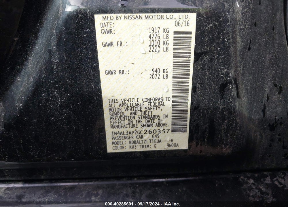 2016 NISSAN ALTIMA 2.5 SV VIN: 1N4AL3AP2GC260357