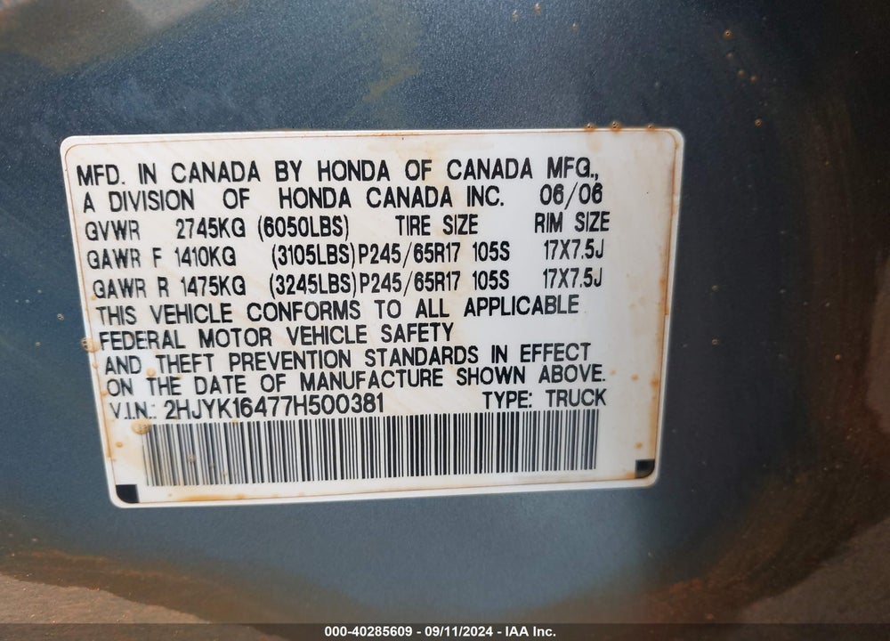 2007 HONDA RIDGELINE RTS VIN: 2HJYK16477H500381