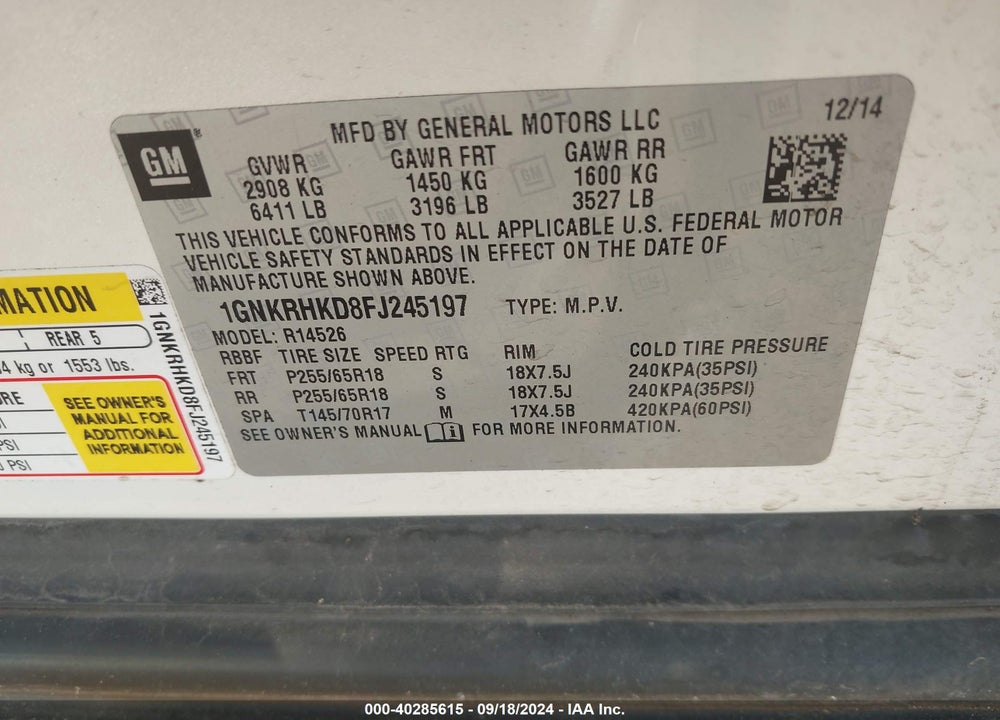 2015 CHEVROLET TRAVERSE 2LT VIN: 1GNKRHKD8FJ245197