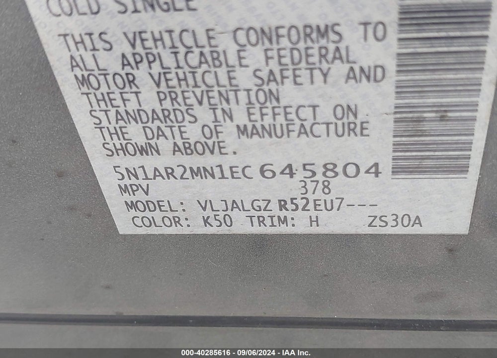2014 NISSAN PATHFINDER SL VIN: 5N1AR2MN1EC645804