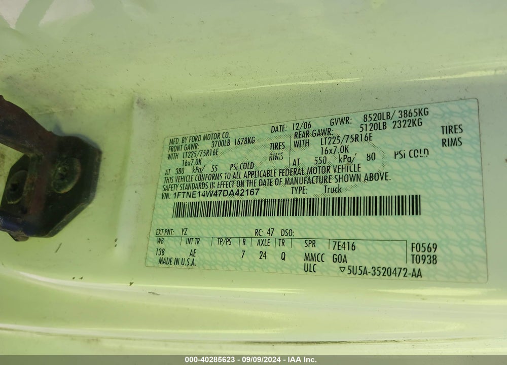 2007 FORD E-150 COMMERCIAL/RECREATIONAL VIN: 1FTNE14W47DA42167