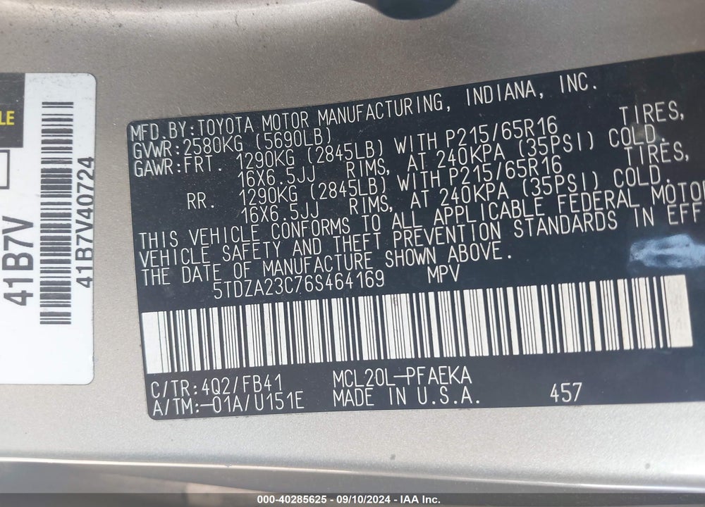 2006 TOYOTA SIENNA CE VIN: 5TDZA23C76S464169