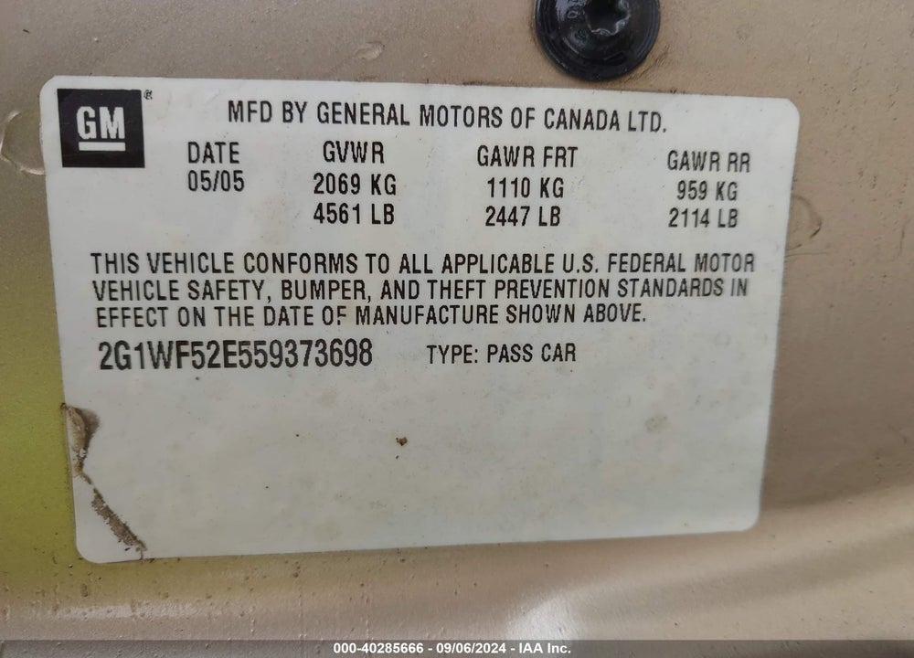 2005 CHEVROLET IMPALA VIN: 2G1WF52E559373698
