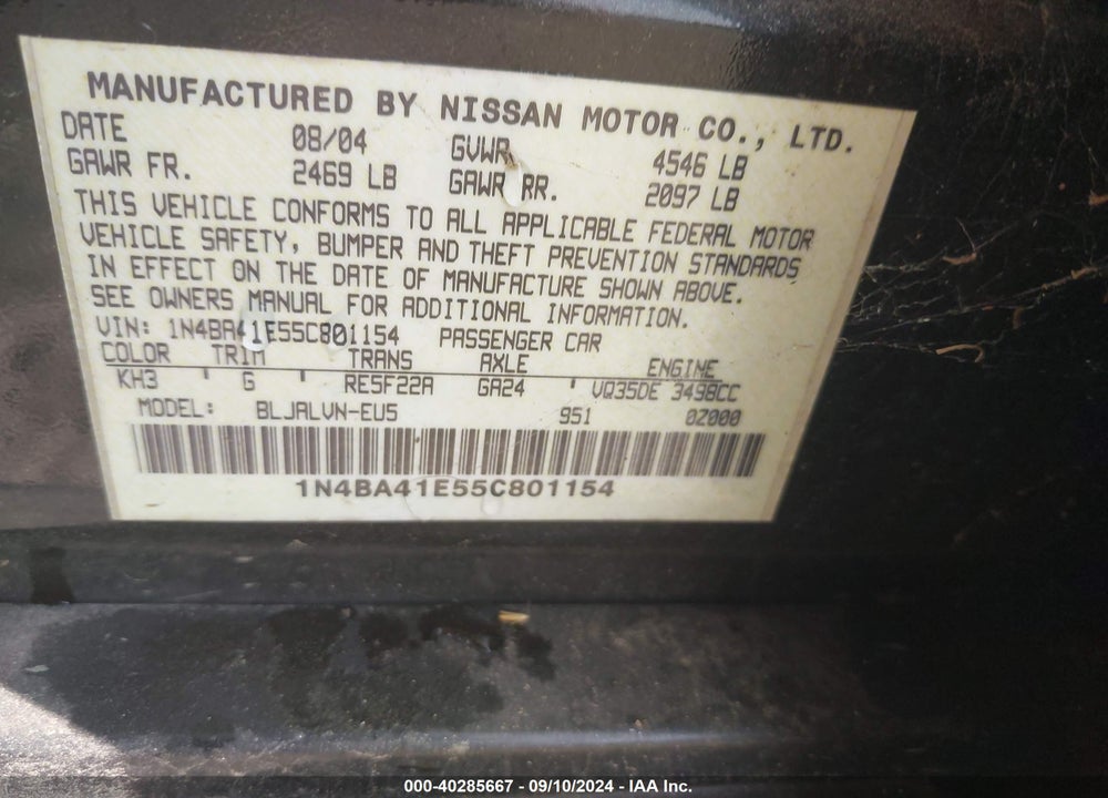 2005 NISSAN MAXIMA 3.5 SL VIN: 1N4BA41E55C801154