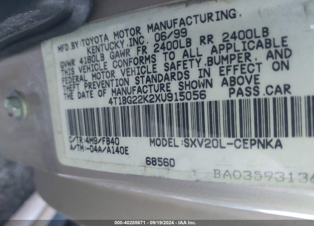 1999 TOYOTA CAMRY LE VIN: 4T1BG22K2XU915056