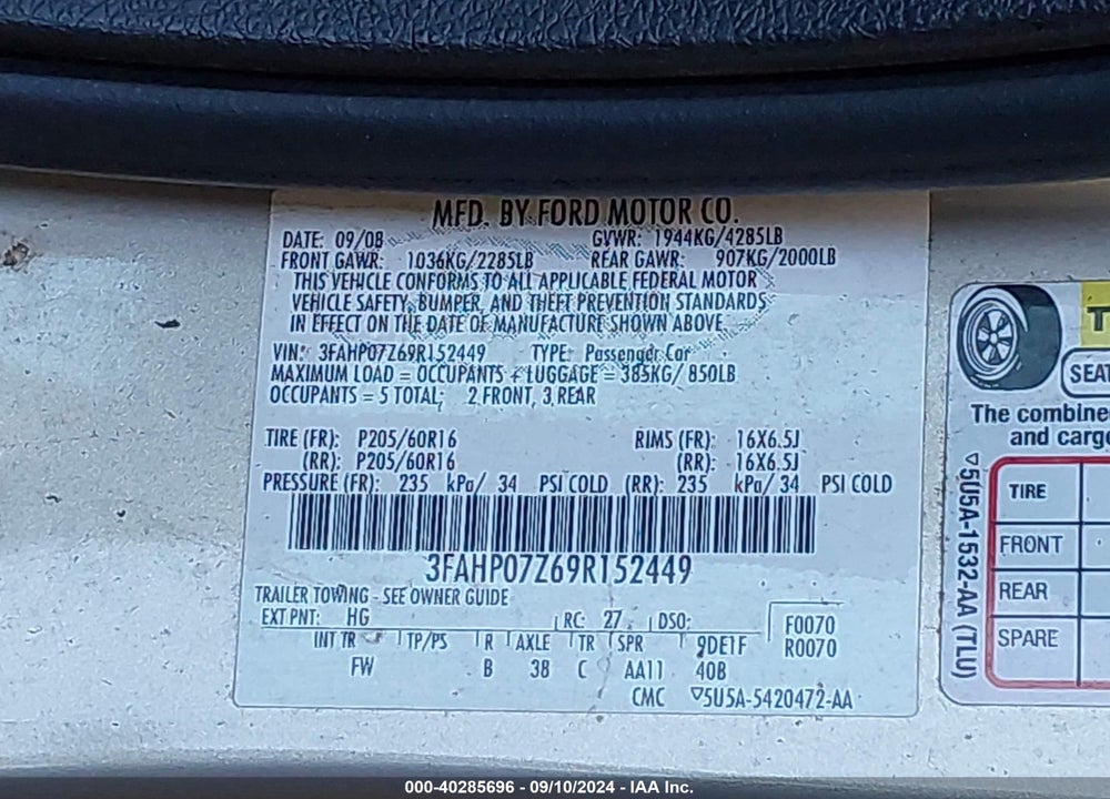 2009 FORD FUSION SE VIN: 3FAHP07Z69R152449
