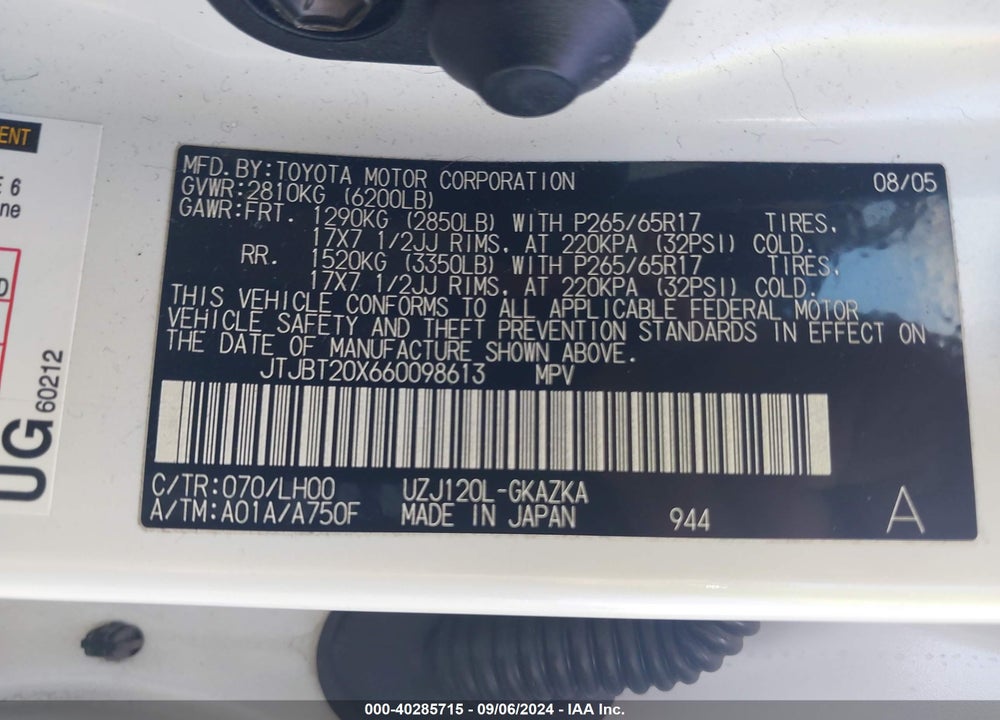 2006 LEXUS GX 470 VIN: JTJBT20X660098613