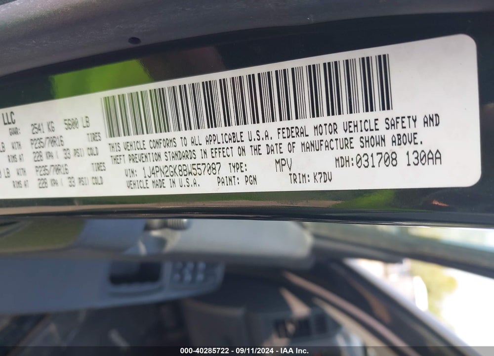 2011 JEEP LIBERTY SPORT VIN: 1J4PN2GK8BW557087