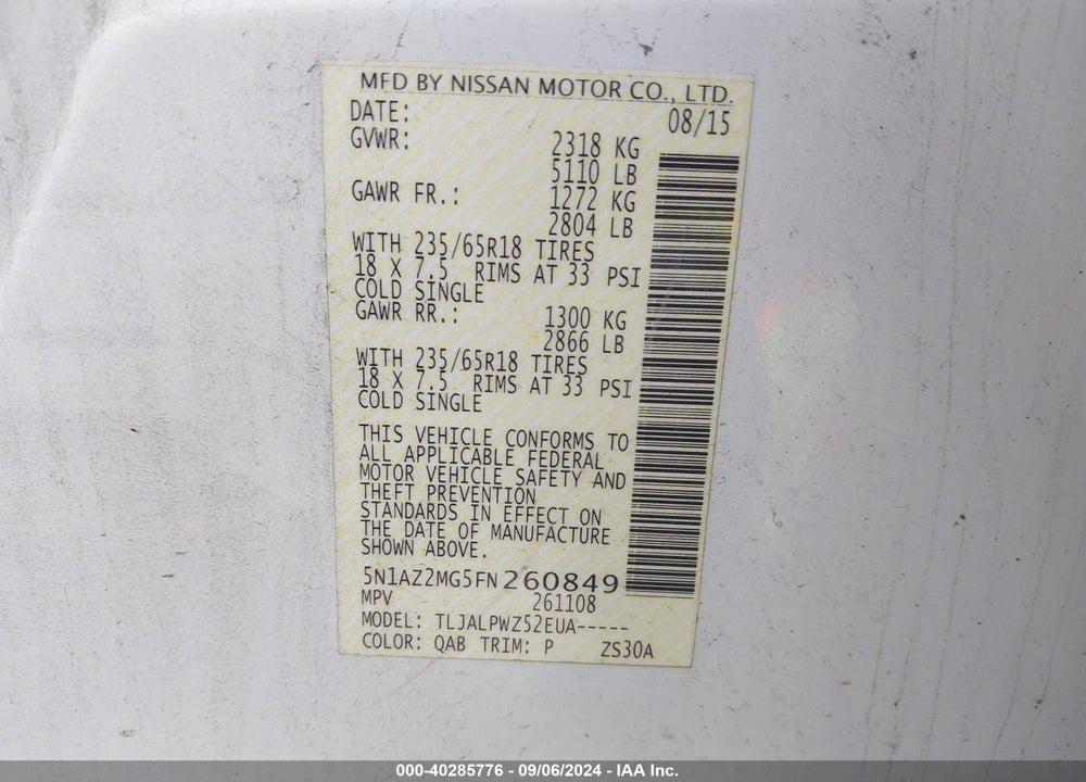 2015 NISSAN MURANO S VIN: 5N1AZ2MG5FN260849