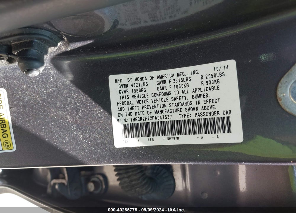 2015 HONDA ACCORD EX VIN: 1HGCR2F72FA047537