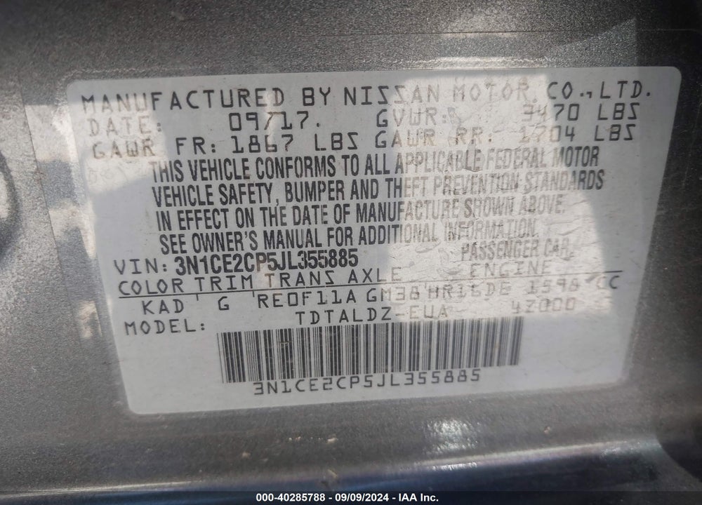 2018 NISSAN VERSA NOTE SV VIN: 3N1CE2CP5JL355885