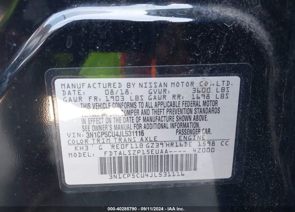 2018 NISSAN KICKS SV VIN: 3N1CP5CU4JL531116