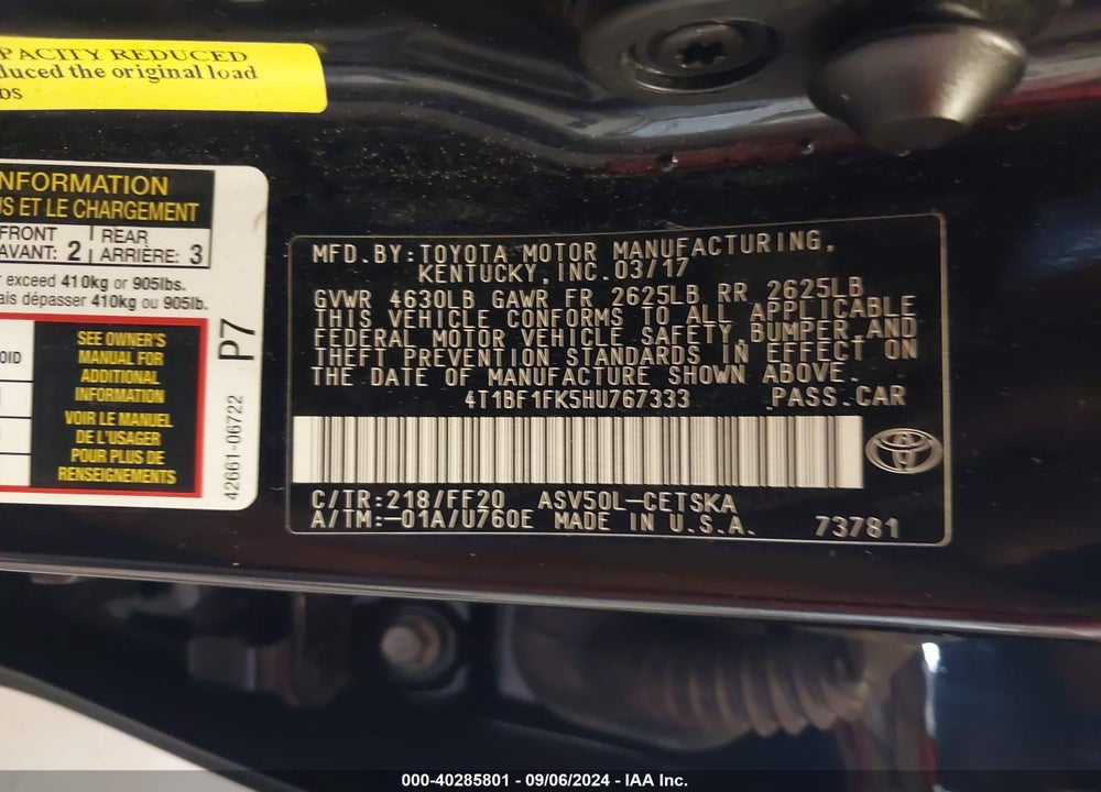 2017 TOYOTA CAMRY SE VIN: 4T1BF1FK5HU767333