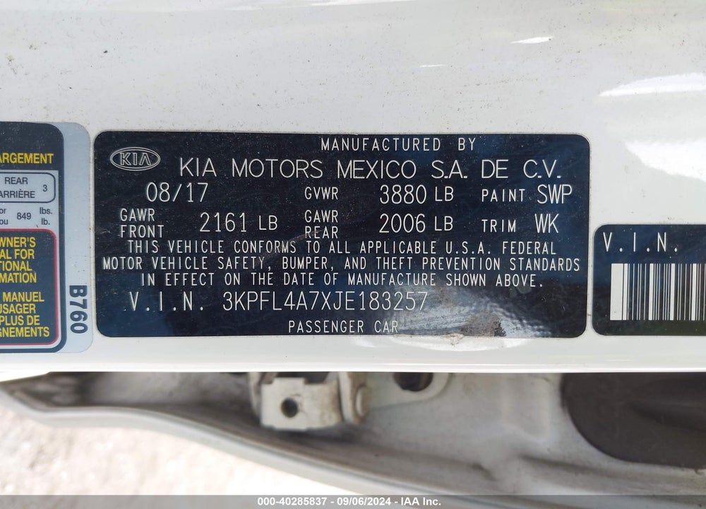2018 KIA FORTE LX VIN: 3KPFL4A7XJE183257