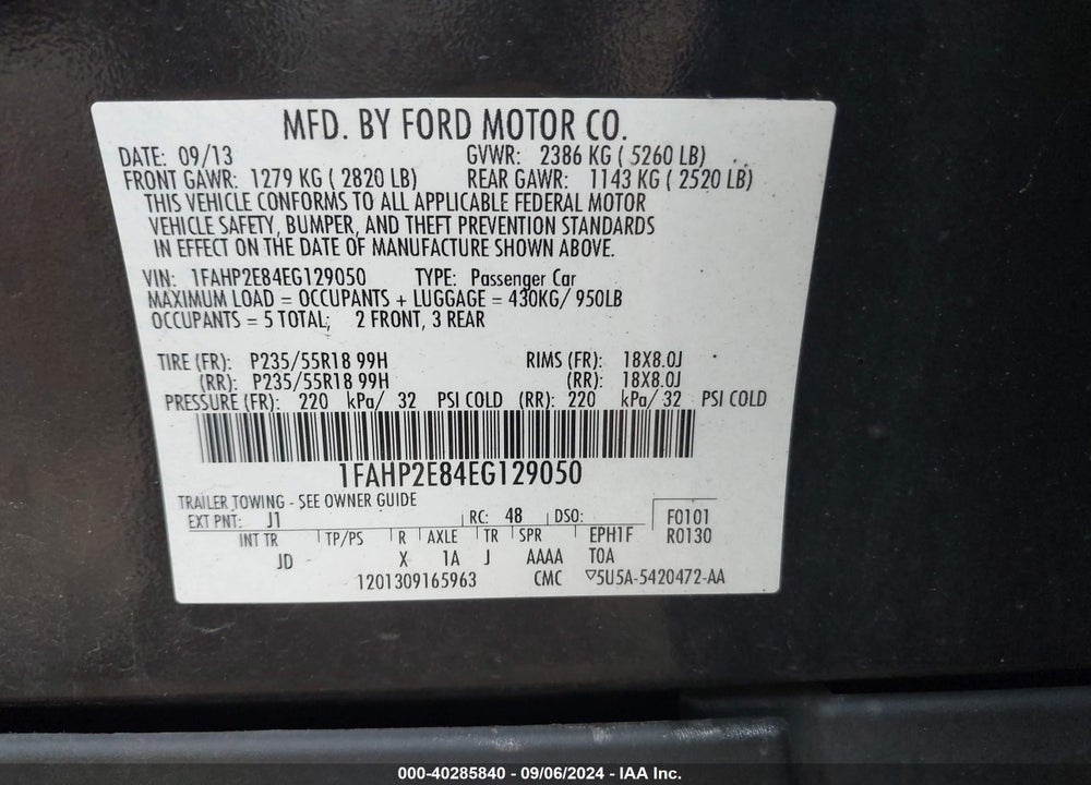 2014 FORD TAURUS SEL VIN: 1FAHP2E84EG129050