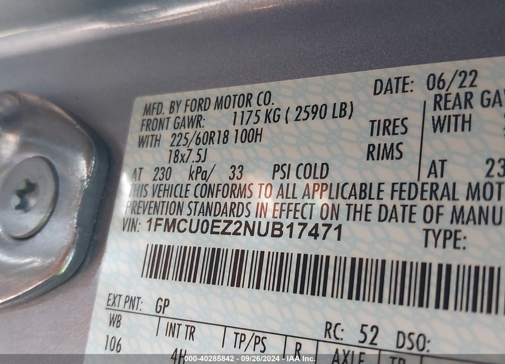 2022 FORD ESCAPE SE PLUG-IN HYBRID VIN: 1FMCU0EZ2NUB17471