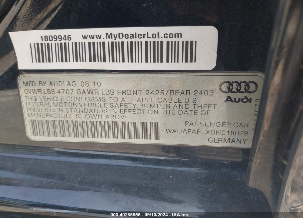 2011 AUDI A4 2.0T PREMIUM VIN: WAUAFAFLXBN018079