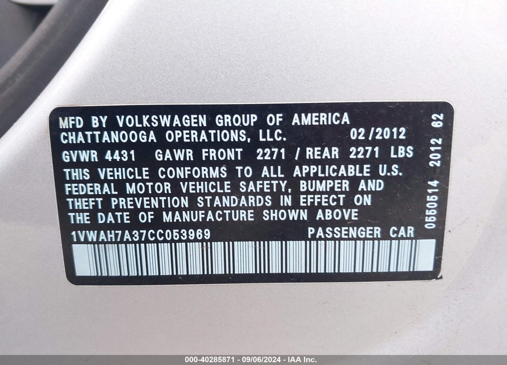 2012 VOLKSWAGEN PASSAT 2.5L S VIN: 1VWAH7A37CC053969