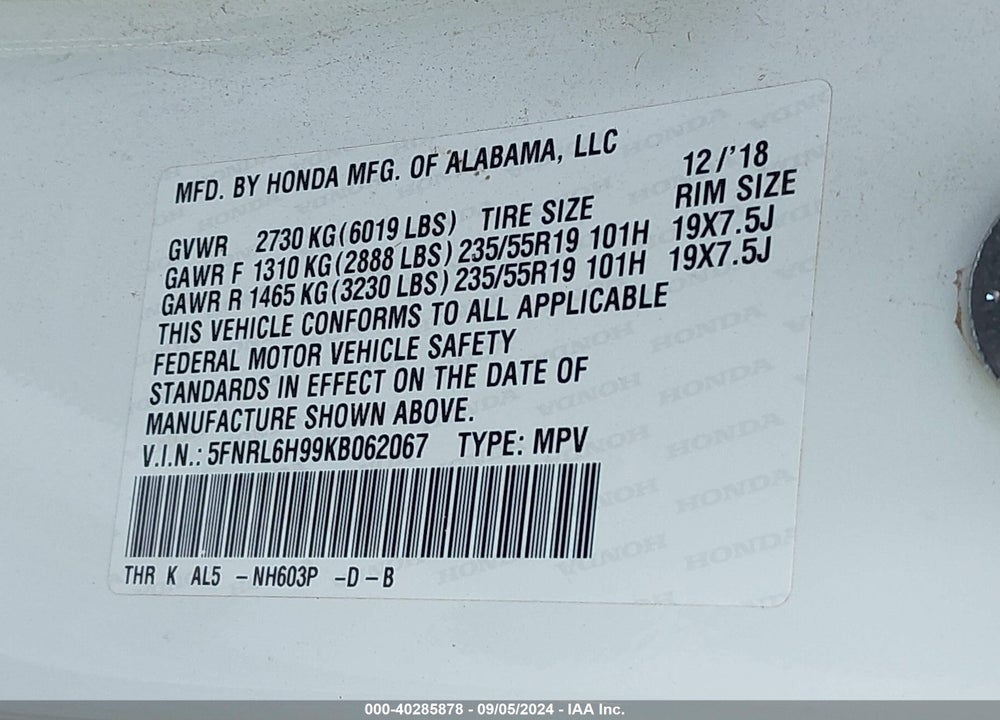 2019 HONDA ODYSSEY ELITE VIN: 5FNRL6H99KB062067