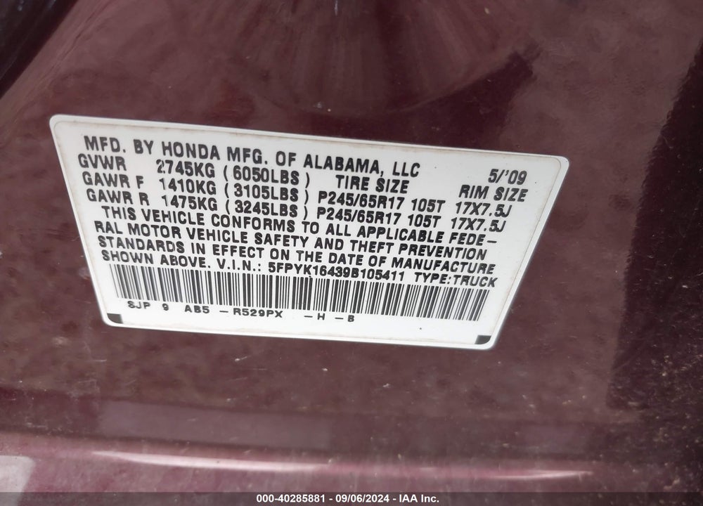 2009 HONDA RIDGELINE RTS VIN: 5FPYK16439B105411