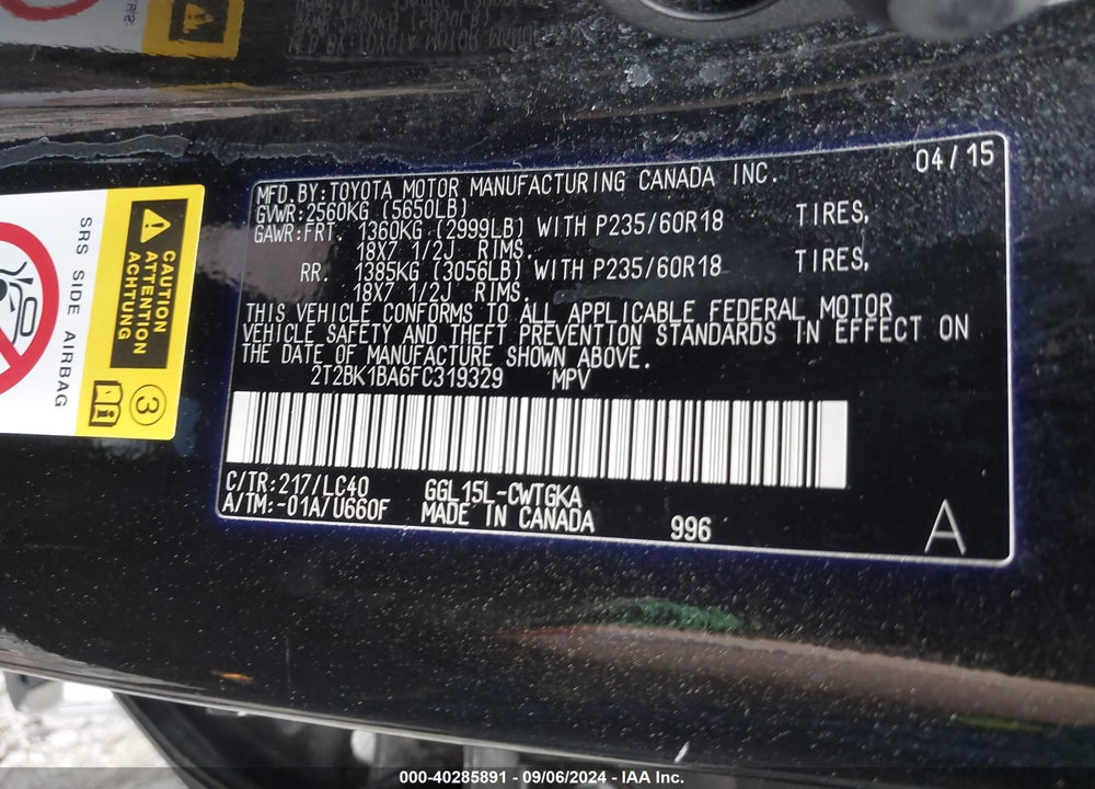 2015 LEXUS RX 350 VIN: 2T2BK1BA6FC319329