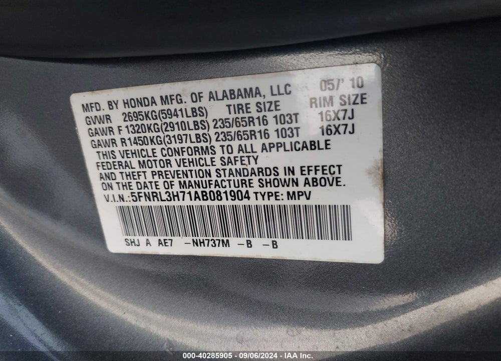 2010 HONDA ODYSSEY EX-L VIN: 5FNRL3H71AB081904