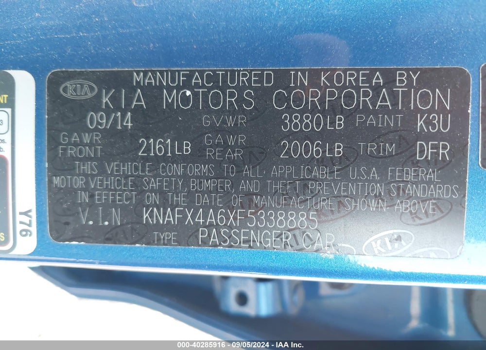2015 KIA FORTE LX VIN: KNAFX4A6XF5338885