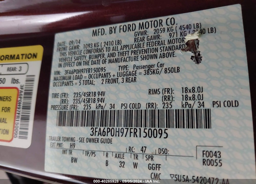 2015 FORD FUSION SE VIN: 3FA6P0H97FR150095