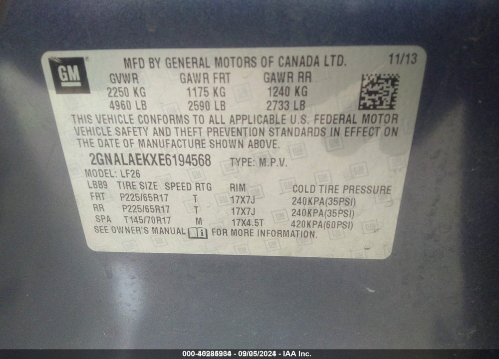 2014 CHEVROLET EQUINOX LS VIN: 2GNALAEKXE6194568