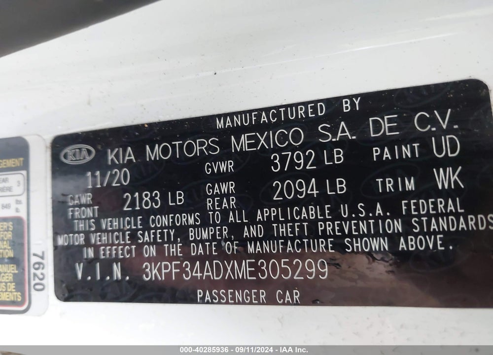 2021 KIA FORTE GT LINE VIN: 3KPF34ADXME305299