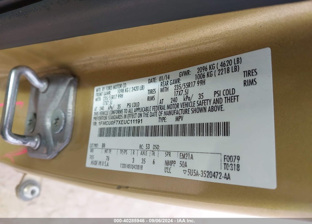 2014 FORD ESCAPE S VIN: 1FMCU0F7XEUC11191