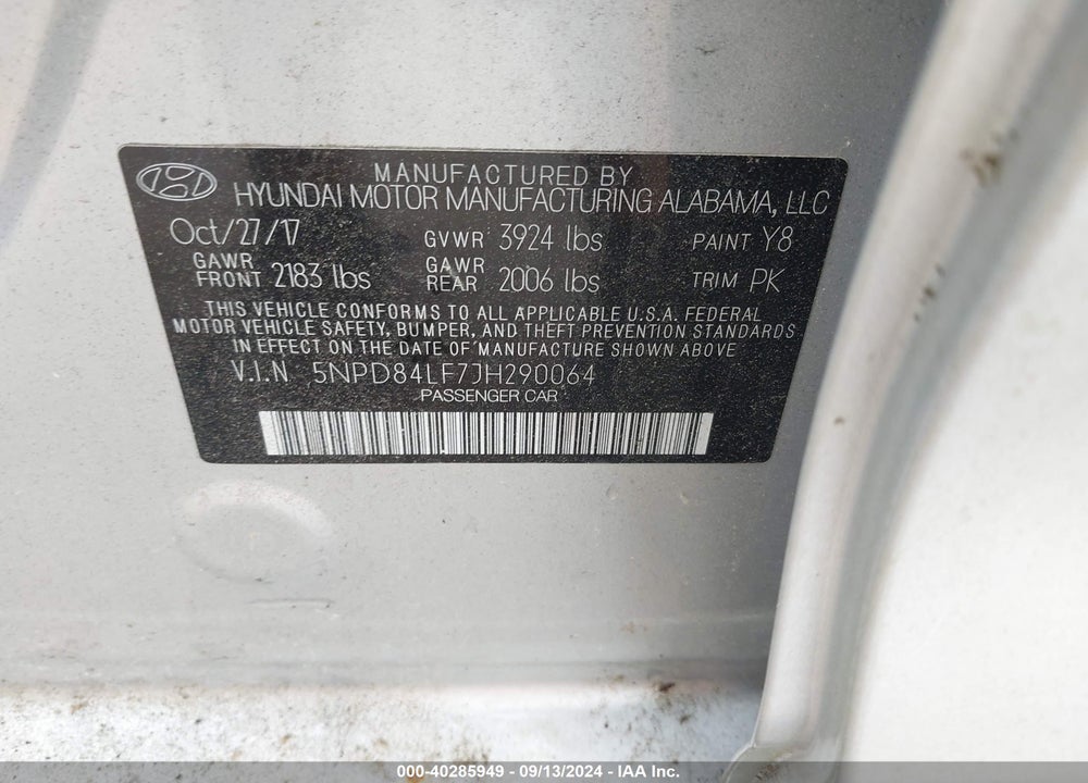 2018 HYUNDAI ELANTRA SEL VIN: 5NPD84LF7JH290064
