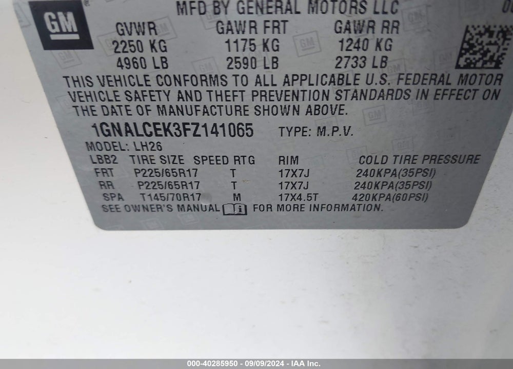 2015 CHEVROLET EQUINOX 2LT VIN: 1GNALCEK3FZ141065