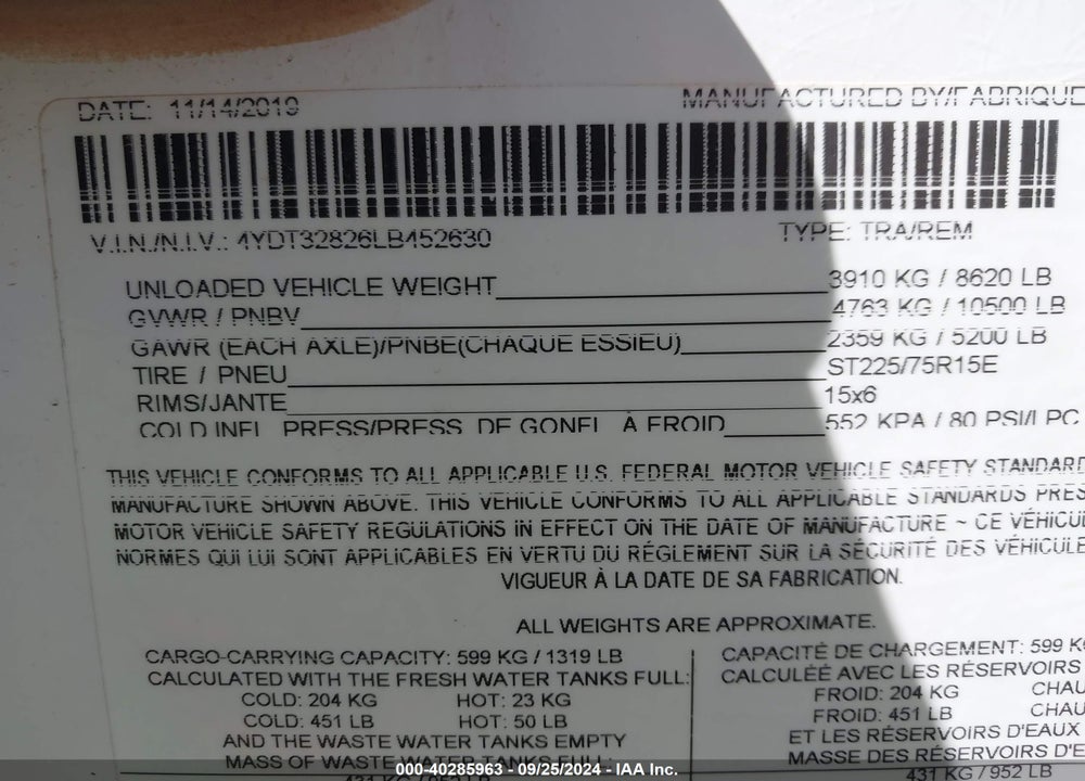 2020 OUTBACK 328RL VIN: 4YDT32826LB452630