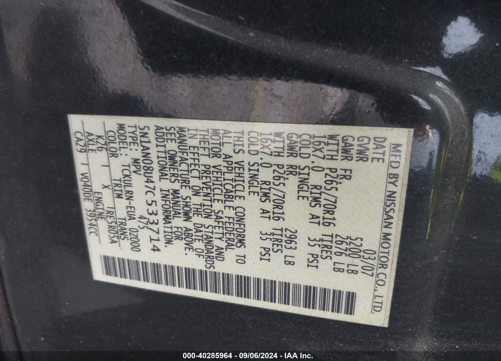 2007 NISSAN XTERRA VIN: 5N1AN08U47C533714