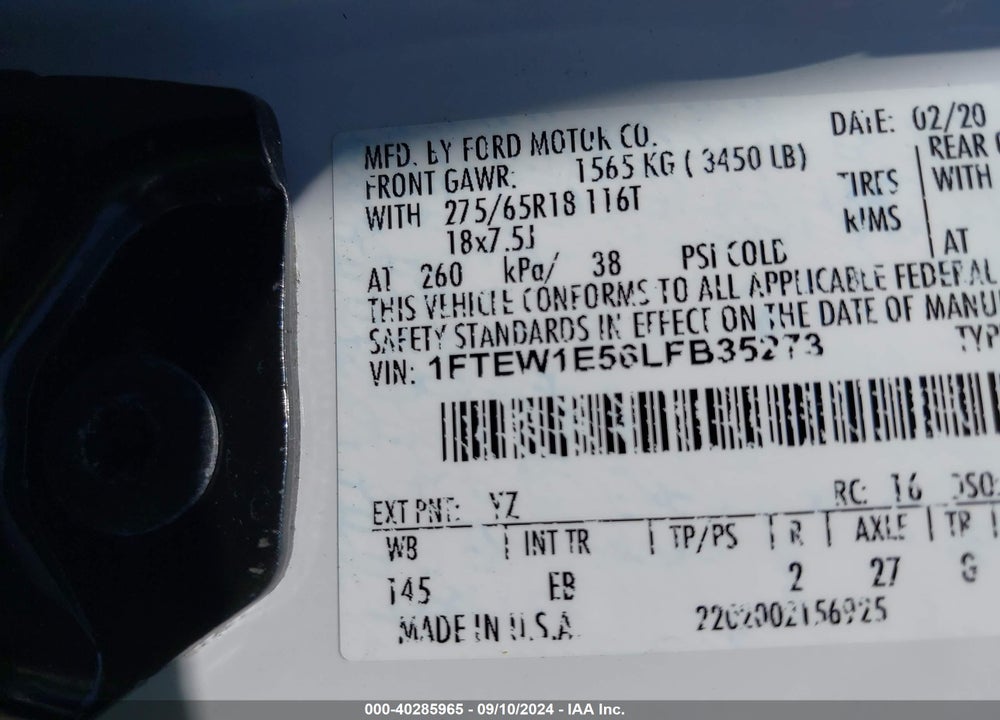 2020 FORD F-150 LARIAT VIN: 1FTEW1E56LFB35273