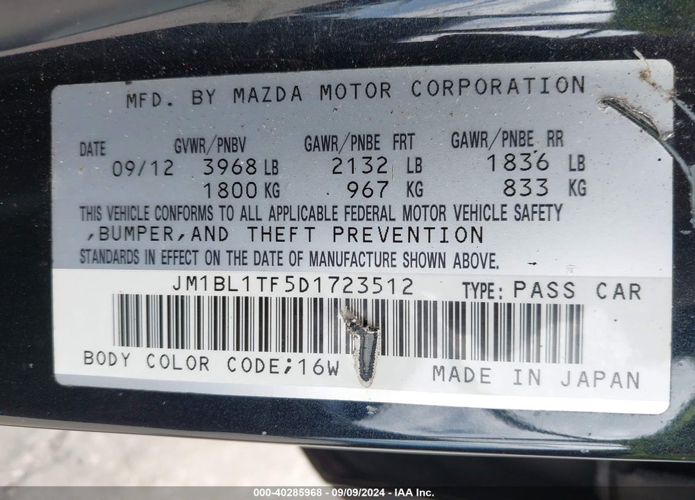 2013 MAZDA 3 I SV VIN: JM1BL1TF5D1723512