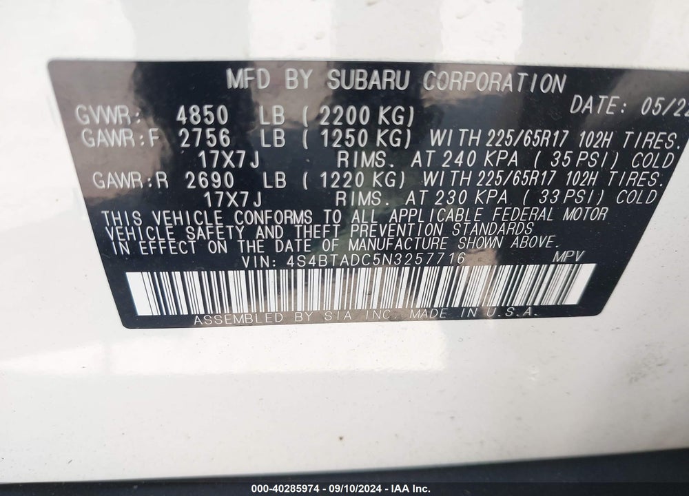 2022 SUBARU OUTBACK PREMIUM VIN: 4S4BTADC5N3257716